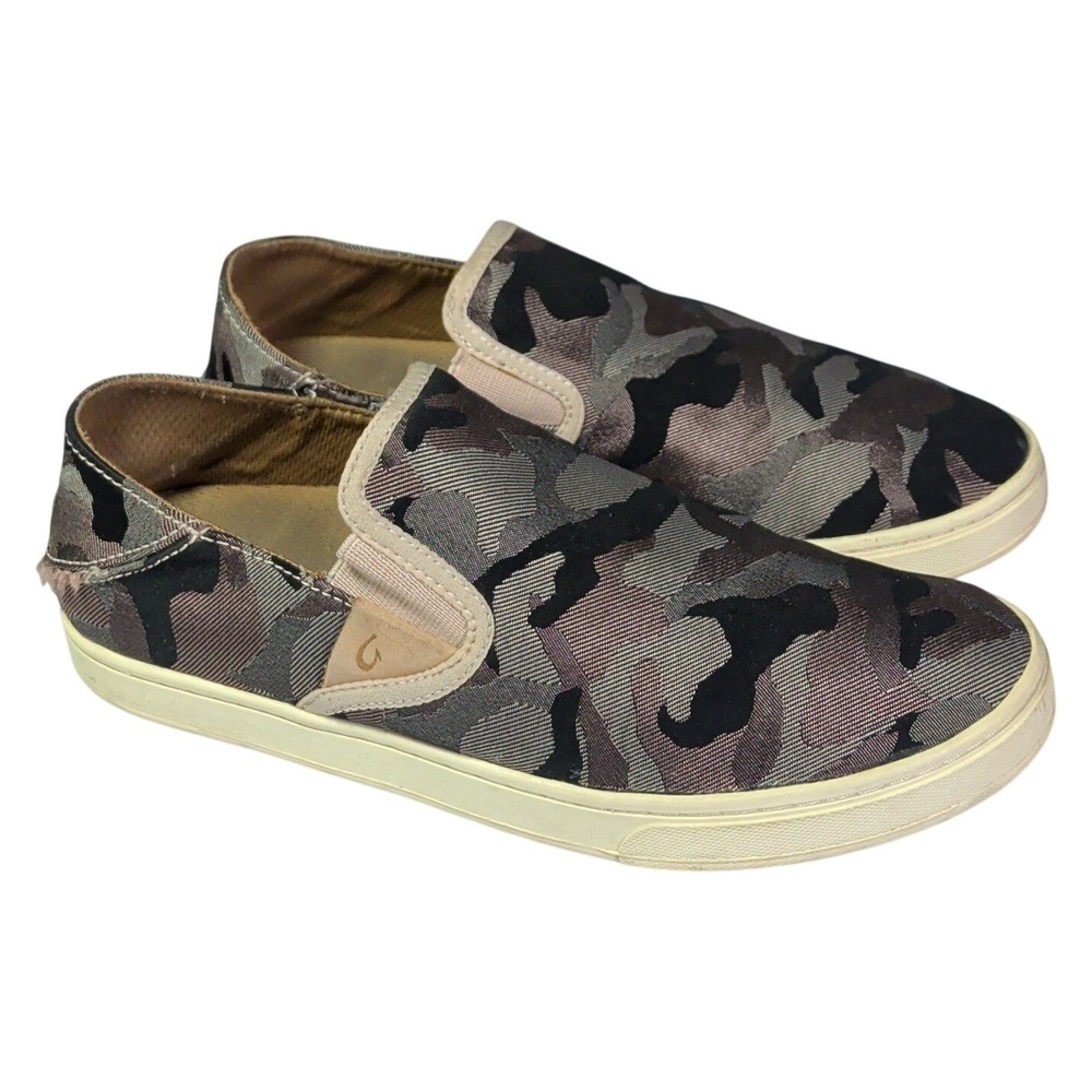 OluKai Pehuea Pai Shoes Womens Size 7 Gray Camo Slip On Casual Comfort Sneakers